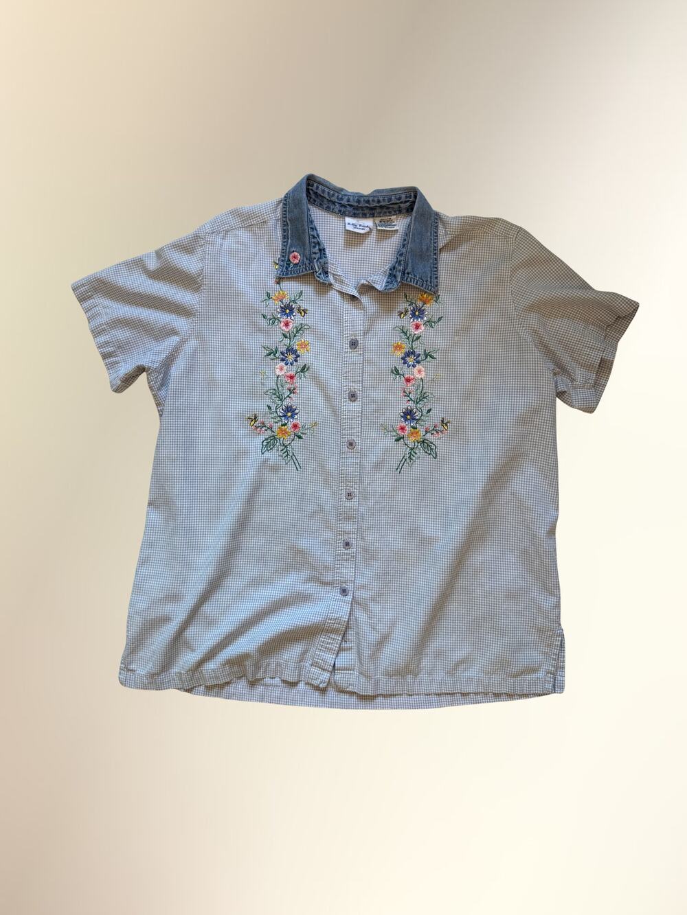 Bobbie Brooks Blue Gingham Floral Embroidered Denim Collar Blouse